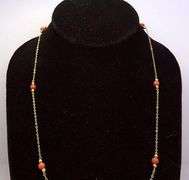 Delicate Chain Necklace with Coral & Gold Beads, 21in
