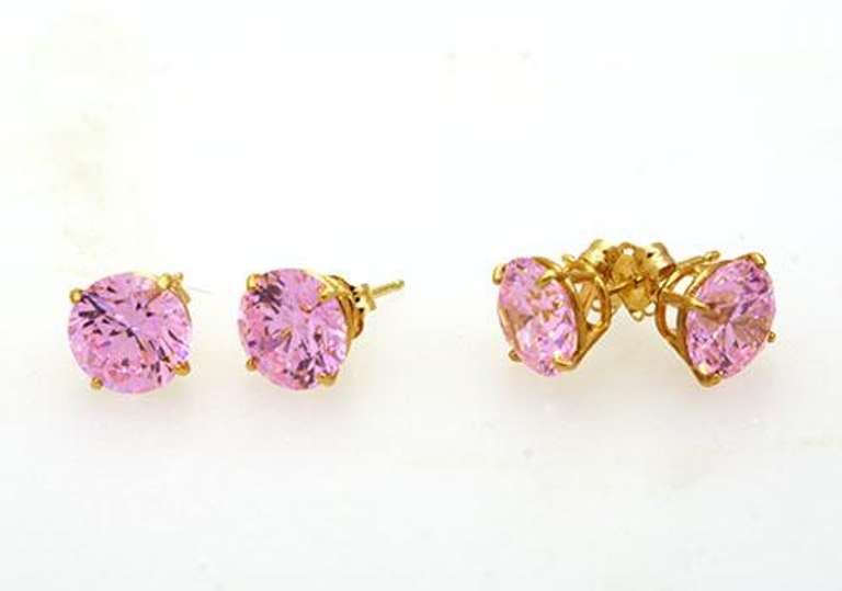 Two Pairs of Brilliant Pink CZ Studs in Gold