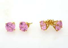 Two Pairs of Brilliant Pink CZ Studs in Gold