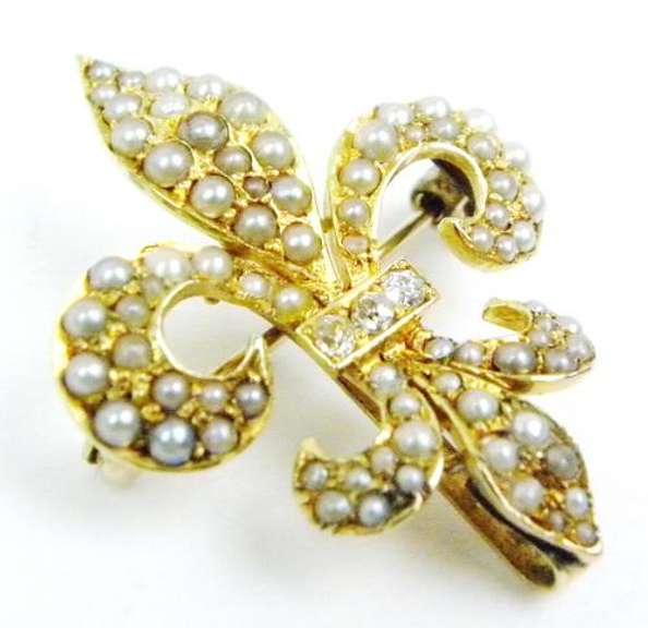 Antique 14K Seed Pearls & Diamonds Pin/Watch Holder