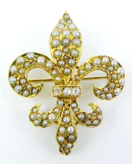 Antique 14K Seed Pearls & Diamonds Pin/Watch Holder