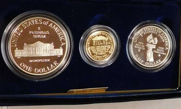 1993 3 pc PROOF Bill of Rights Gold $5/Sil Dol/Sil Hf