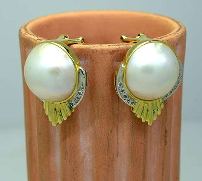 Mabe Pearl Earrings with Diamond Accents in 14kt Gold