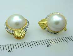 Mabe Pearl Earrings with Diamond Accents in 14kt Gold