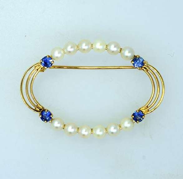 Natural Pearl and Sapphire Pin in 14KT Gold
