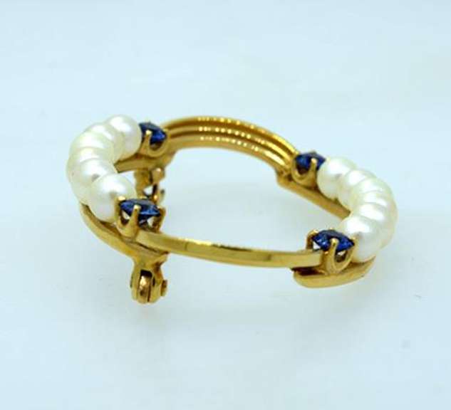 Natural Pearl and Sapphire Pin in 14KT Gold