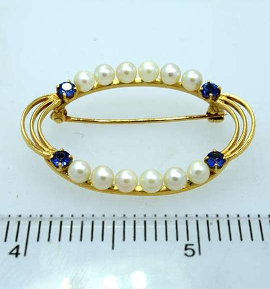 Natural Pearl and Sapphire Pin in 14KT Gold