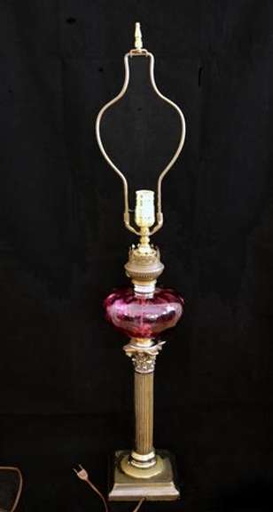 Antique 3 Way Electrified Column Cranberry Glass Lamp