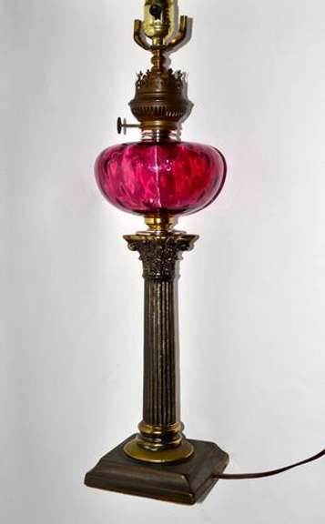 Antique 3 Way Electrified Column Cranberry Glass Lamp