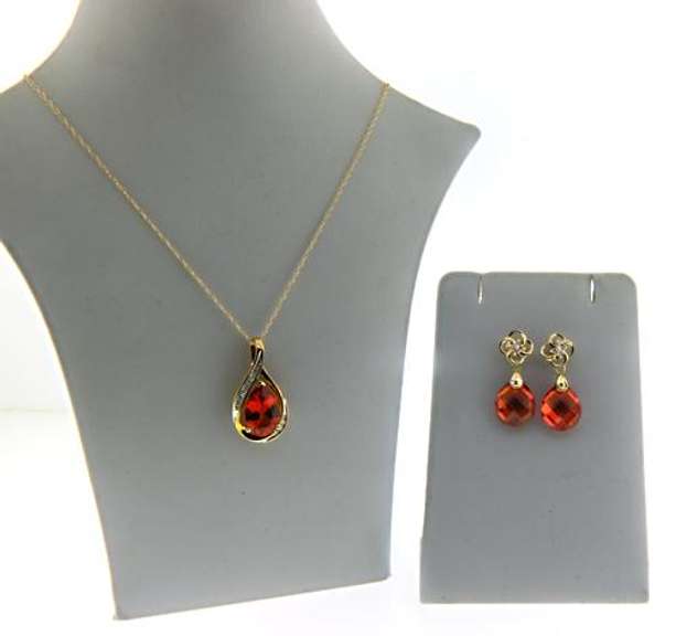 10KT Yellow Gold Orange CZ & Diamond Earrings & Necklace Set
