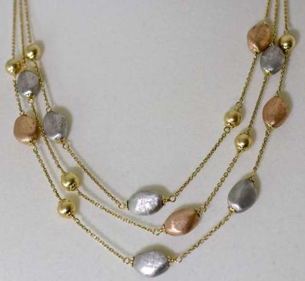 Beautifully Designed 14K Triple Strand Bead-Accented Necklace