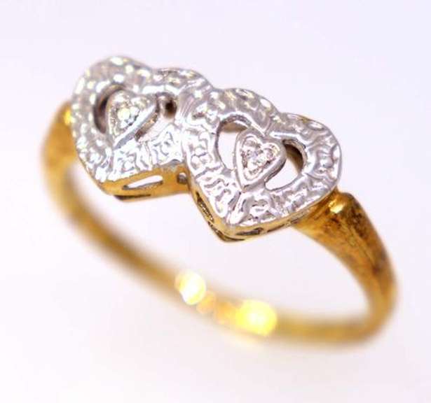 Double Heart Motif Diamond Ring in Gold, Size 6