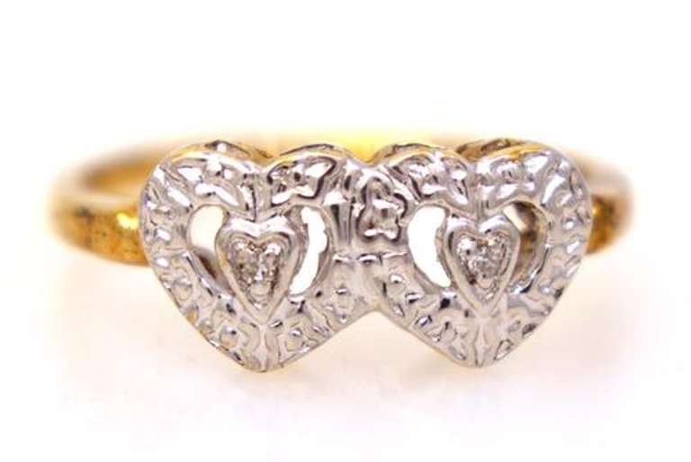 Double Heart Motif Diamond Ring in Gold, Size 6