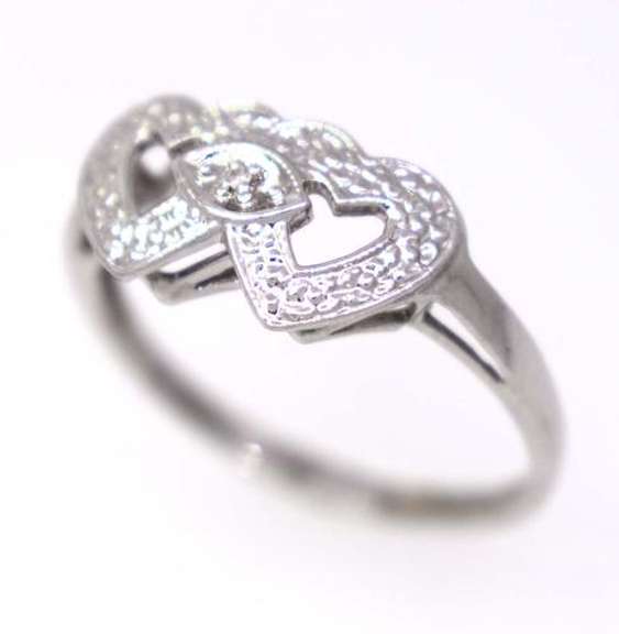 Double Heart Motif Ring in White Gold, Size 6.5
