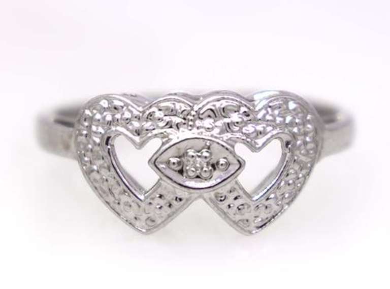 Double Heart Motif Ring in White Gold, Size 6.5
