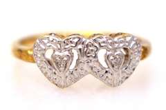 Double Heart Motif Diamond Ring in Gold, Size 6