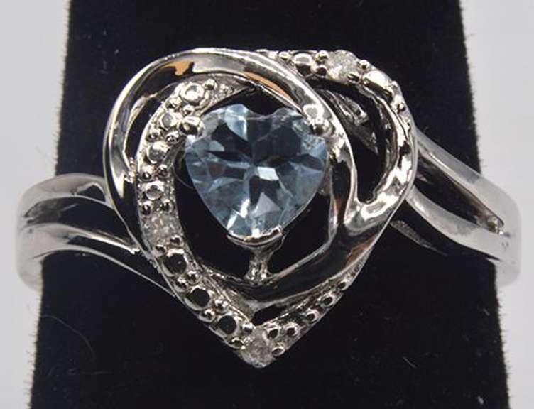 Sterling Aquamarine and Diamond Heart Ring