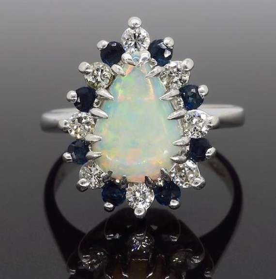 Halo Style Opal, Sapphire and Diamond Ring
