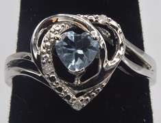 Sterling Aquamarine and Diamond Heart Ring