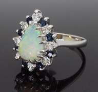 Halo Style Opal, Sapphire and Diamond Ring