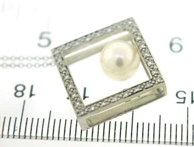 Elegant 14kt WG Pearl and Diamond Square Pendant Necklace