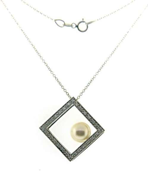 Elegant 14kt WG Pearl and Diamond Square Pendant Necklace
