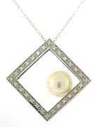 Elegant 14kt WG Pearl and Diamond Square Pendant Necklace