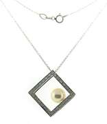 Elegant 14kt WG Pearl and Diamond Square Pendant Necklace