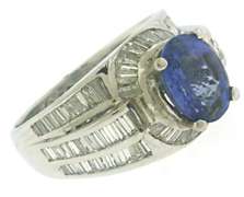 Shining 14kt WG Oval Tanzanite & Baguette Diamond Ring