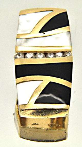 14K YELLOW GOLD SLIDE PENDANT/W ONYX, DIAMONDS & MOTHER OF PEARL