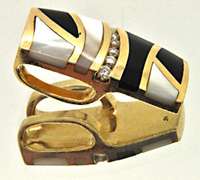 14K YELLOW GOLD SLIDE PENDANT/W ONYX, DIAMONDS & MOTHER OF PEARL