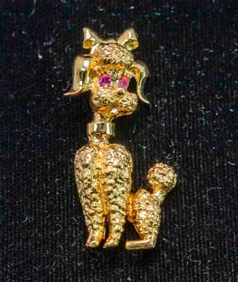 Interesting 14KT Poodle Pin with Pink Sapphire Eyes