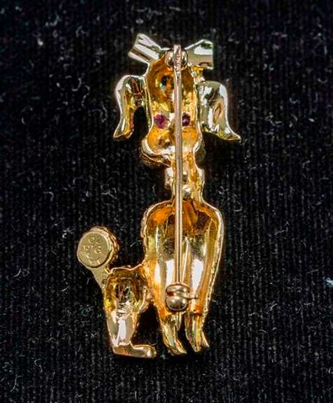 Interesting 14KT Poodle Pin with Pink Sapphire Eyes