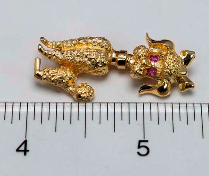 Interesting 14KT Poodle Pin with Pink Sapphire Eyes