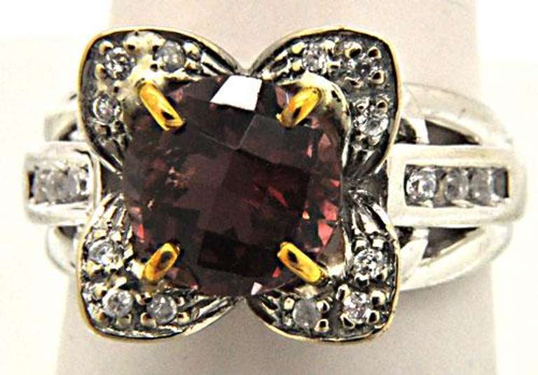 14K WHITE GOLD PINK TOURMALINE AND CZ RING WITH YELLOW