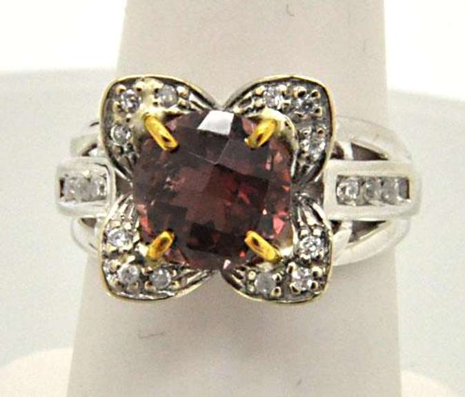 14K WHITE GOLD PINK TOURMALINE AND CZ RING WITH YELLOW