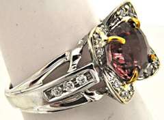 14K WHITE GOLD PINK TOURMALINE AND CZ RING WITH YELLOW