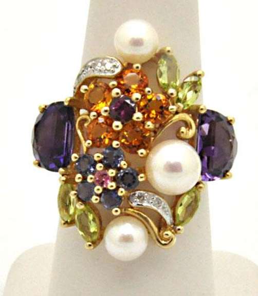 14K YELLOW GOLD CULTURED PEARL, AMETHYST, TANZANITE,DIA