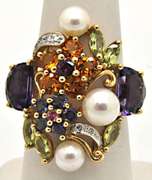 14K YELLOW GOLD CULTURED PEARL, AMETHYST, TANZANITE,DIA