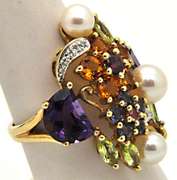 14K YELLOW GOLD CULTURED PEARL, AMETHYST, TANZANITE,DIA