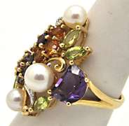 14K YELLOW GOLD CULTURED PEARL, AMETHYST, TANZANITE,DIA
