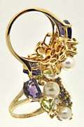 14K YELLOW GOLD CULTURED PEARL, AMETHYST, TANZANITE,DIA