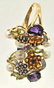 14K YELLOW GOLD CULTURED PEARL, AMETHYST, TANZANITE,DIA