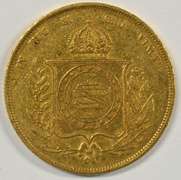 Very scarce 1867 Brazil 20,000 Reis Gold Piece