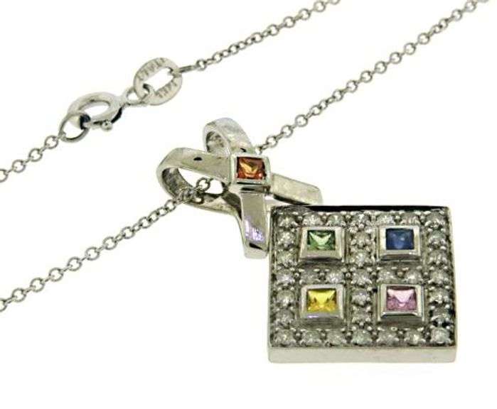 Stylish 14kt WG Diamond and Multi-Gemstone Necklace