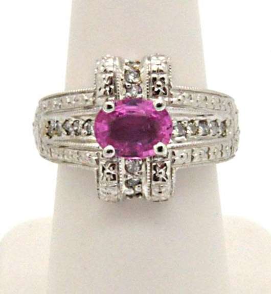 LADIES 14K WHITE GOLD PINK TOURMALINE & DIAMOND RING.