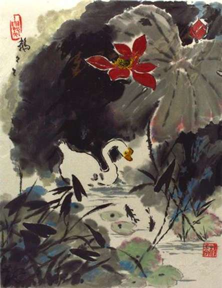 Original Oriental Watercolor of Goose By Dr. Jiyu Yang