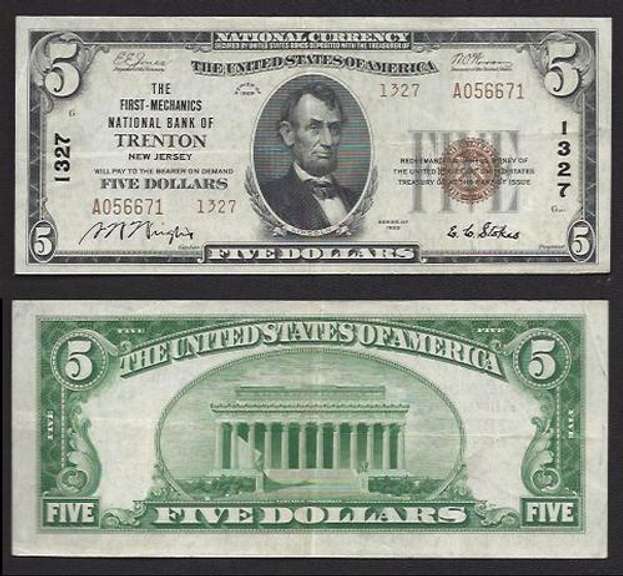 $5 1929 First Mechanics Trenton NJ Type ll National