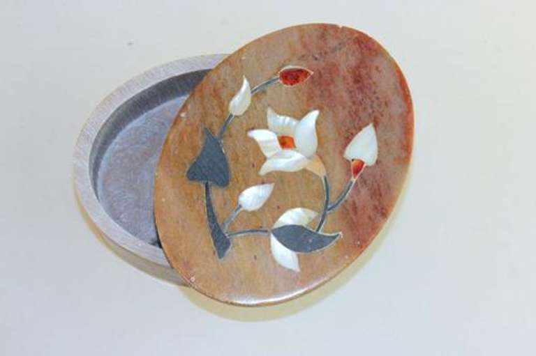 Floral Mother-of-Pearl Oval Soapstone Box