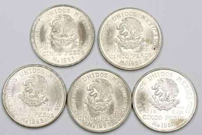5 BU Mexico 5 Pesos Silver 1953 Bicent of Hidalgos Birth
